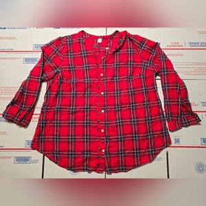 Old Navy Women Long Sleeve Shirt Size 1X Red Plaid Ruffled Button Up, (ON2)